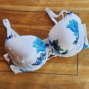 Cacique Boost Balconette Bra 42F Blue Floral on White Lace Push-Up Lingerie Sexy